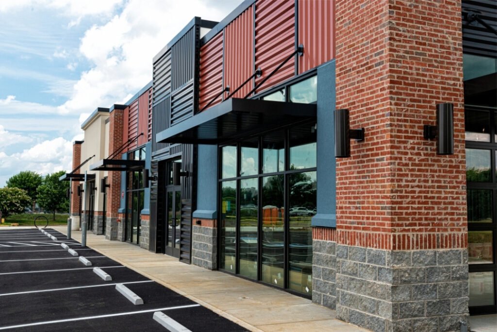 An exterior view of outlet style New Jersey retail space for sale.
