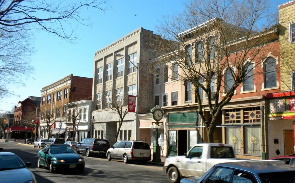Historic downtown street supporting Bridgeton, NJ real estate with residential and local buildings.